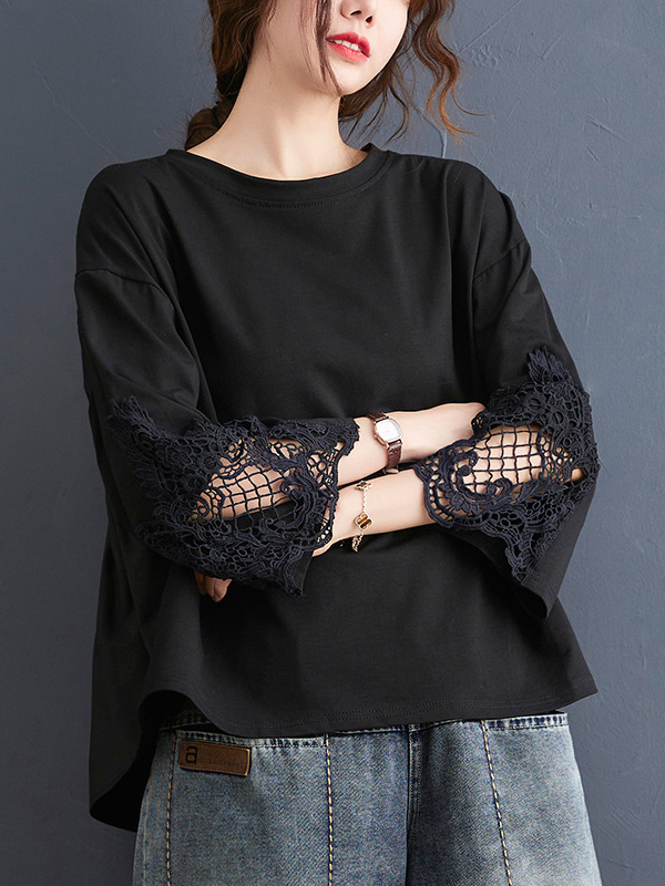 Lace Hollow Out Pattern Sleeve Solid Color Round Neck T-shirt