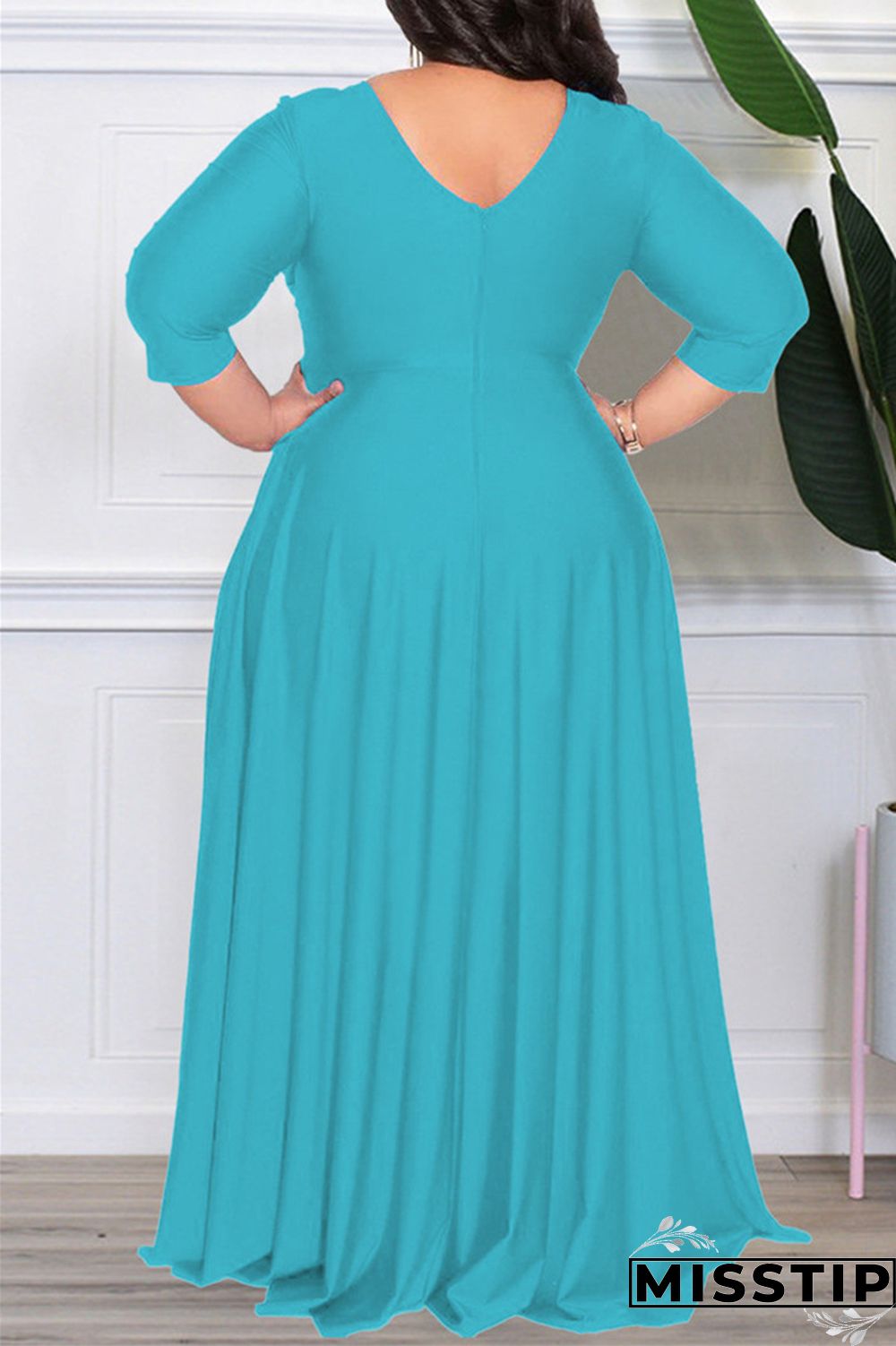 Dark Purple Casual Solid Patchwork V Neck Long Sleeve Plus Size Dresses