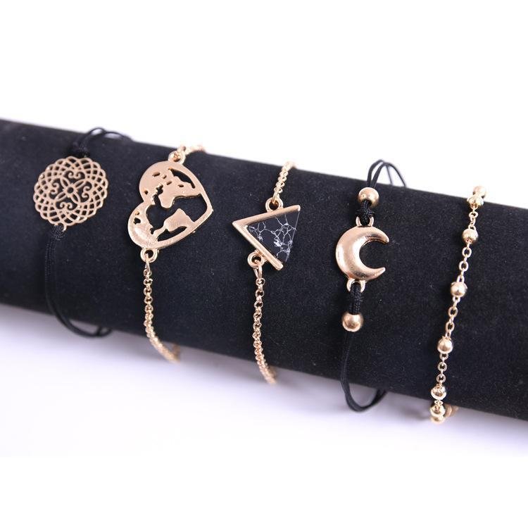 Five-piece Black Turquoise Alloy Moon Bracelet
