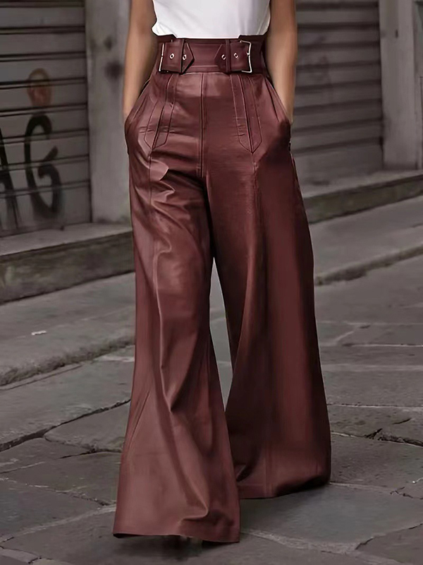 Loose Casual PU Leather Pocket Bell Pants