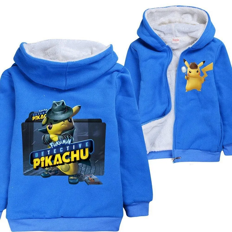 Mayoulove Pokemon Detective Pikachu Boys Blue Fleece Lined Zip Up Cotton Hoodie-Mayoulove