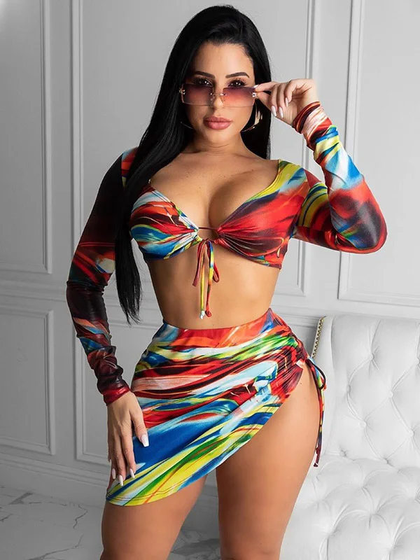 Colorful Long Sleeve Split Tankini Swimsuit+Cover-Ups Three-Piece Set