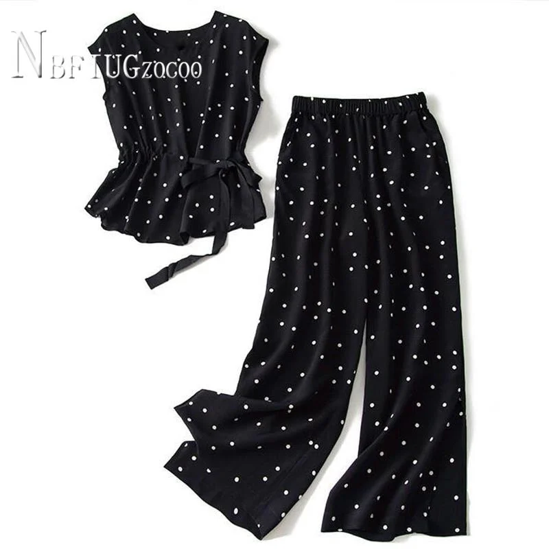 2021 Summer New Fashion Chiffon Women Sets Polka Dot Blouse And Elastic Waist Pants Female Sets