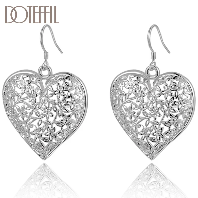 DOTEFFIL 925 Sterling Silver Hollow Heart Flower Earrings For Women Jewelry