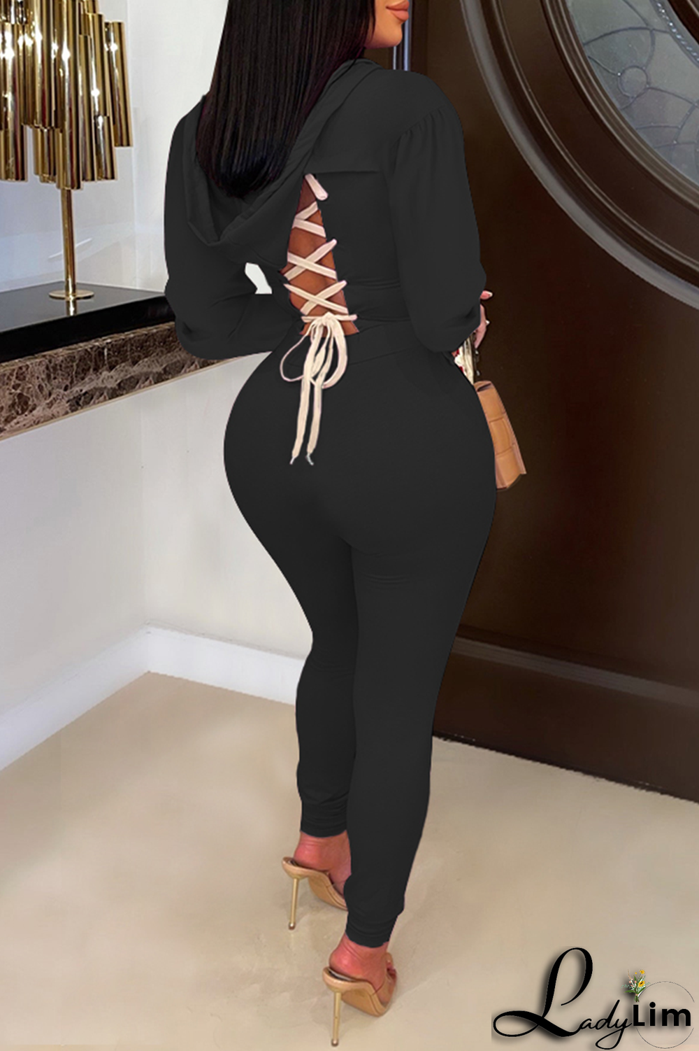 Black Casual Solid Draw String O Neck Long Sleeve Two Pieces