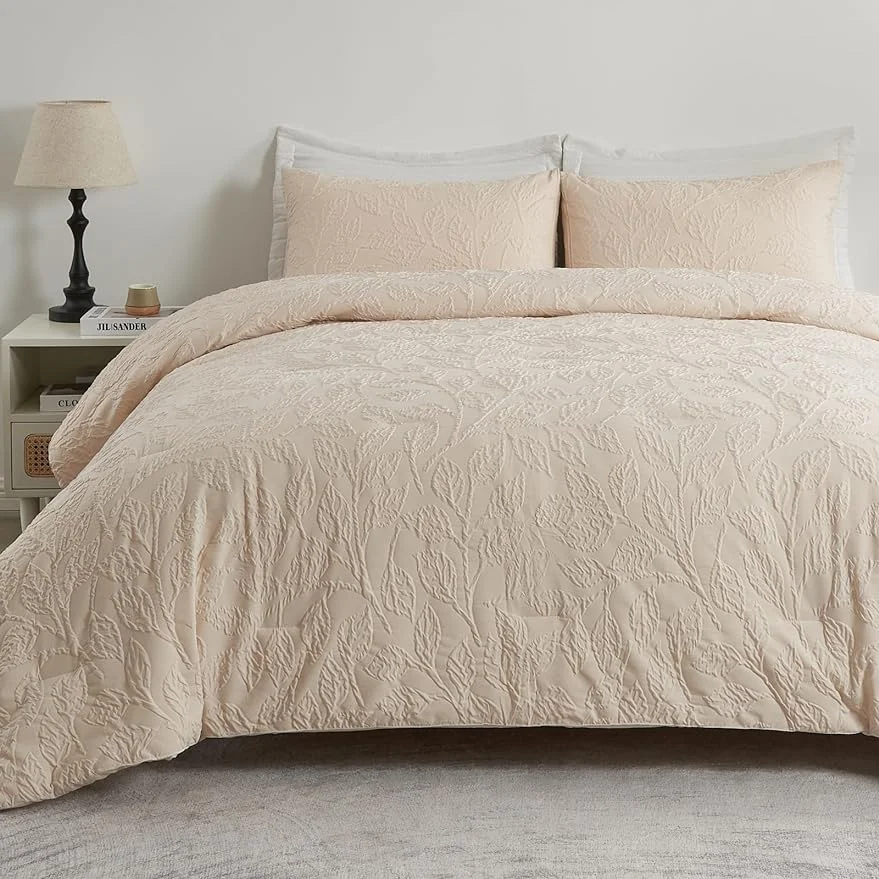 Comforter King Size, 3-Pieces Embossed Leaf Pattern Beige Comforter, with Pillowcase, All Seasons King Bed Bedding Comforters for Girls, Female, 102" x 90"