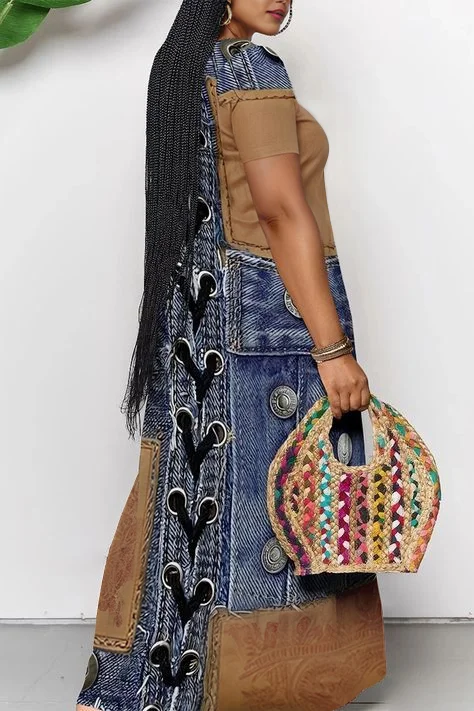 Plus Size Vacation Blue Sundress All Over Print V Neck Pocket Maxi Dresses