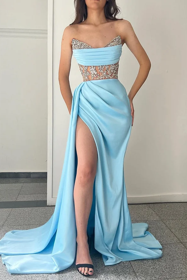 Daisda Baby Blue Sleeveless Strapless Mermaid Beads Prom Dress 