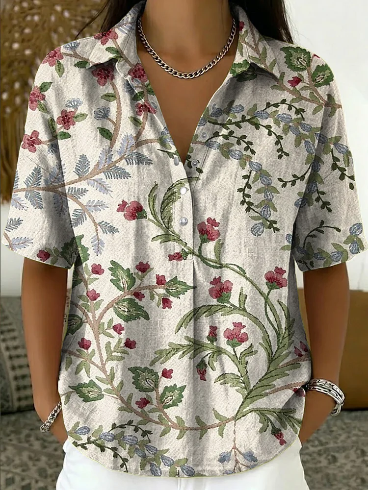Floral Art Pattern Casual Cotton-linen Shirt