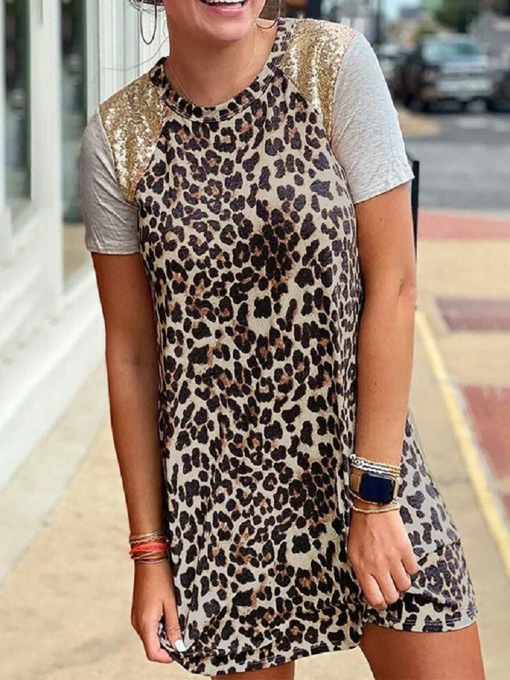Fashion Round Neck Leopard Stitched Dress