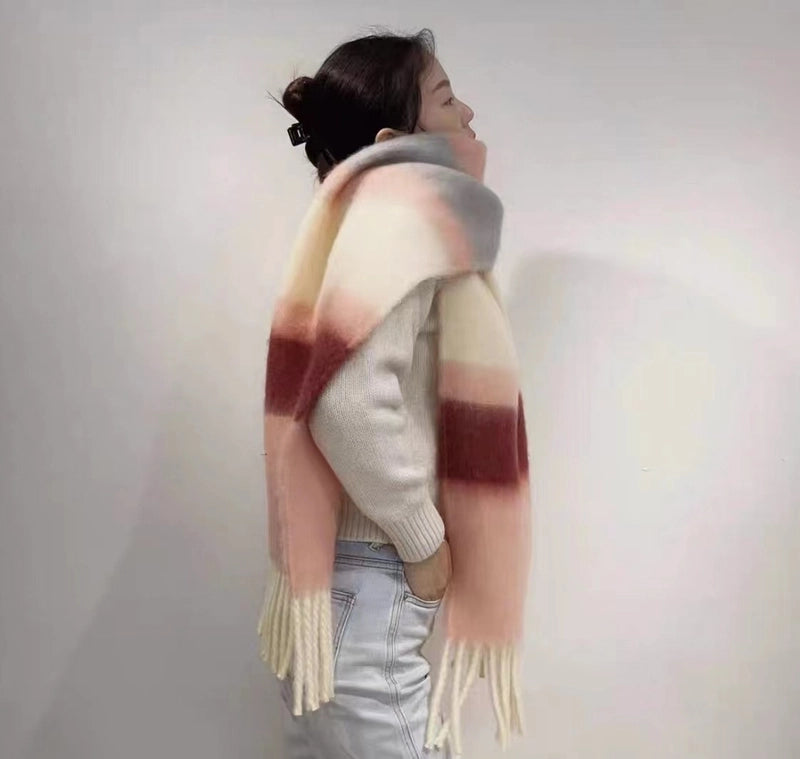 Latest Mohair Striped Tassel Scarf Fashion Geometric Gradient Shawl Japanese And Korean Versatile Thickened Scarf
