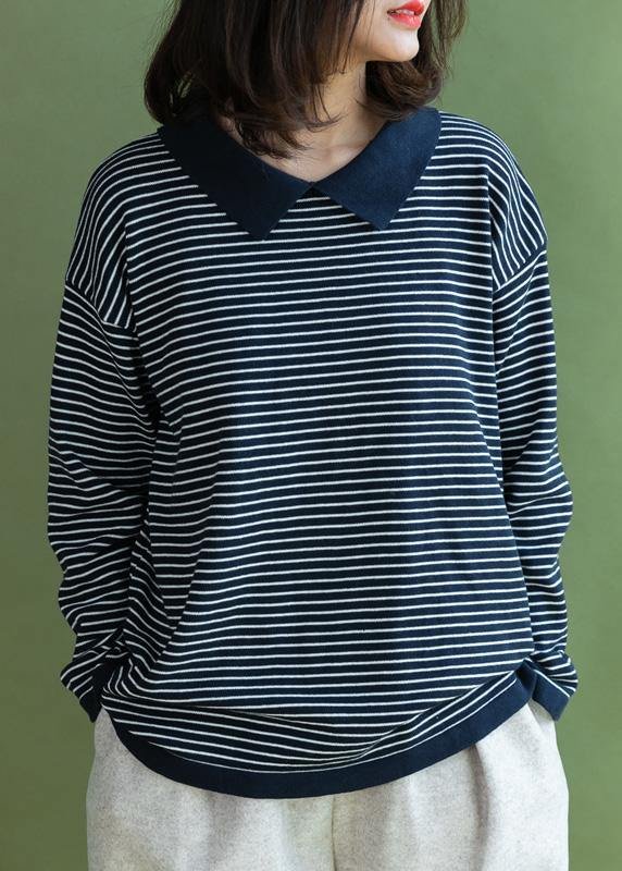 Aesthetic navy striped knitted t shirt lapel collar Loose fitting knitted blouse