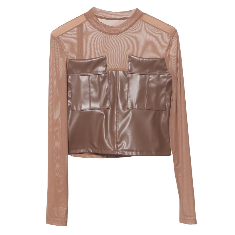 Uveng Sexy Micro-Permeable Mesh Splicing Pu Skin Bottom Shirt Women Autumn And Winter Body Repair Short Long-Sleeved T-Shirt Top 8975