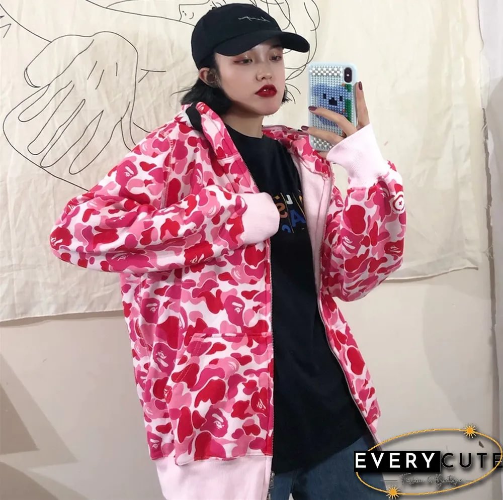 Autumn & Winter New Fashion Brand Camouflage Shark Head Couple Loose Hooded Coat Sweater