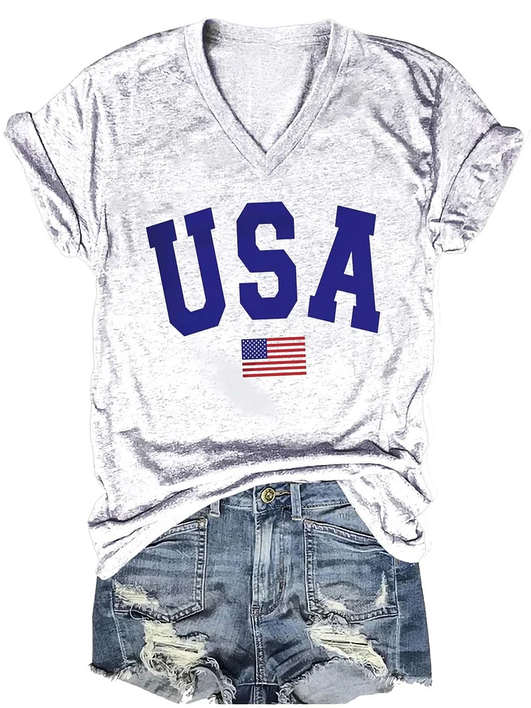 Independence Day USA Letter Art Print Casual T-shirt