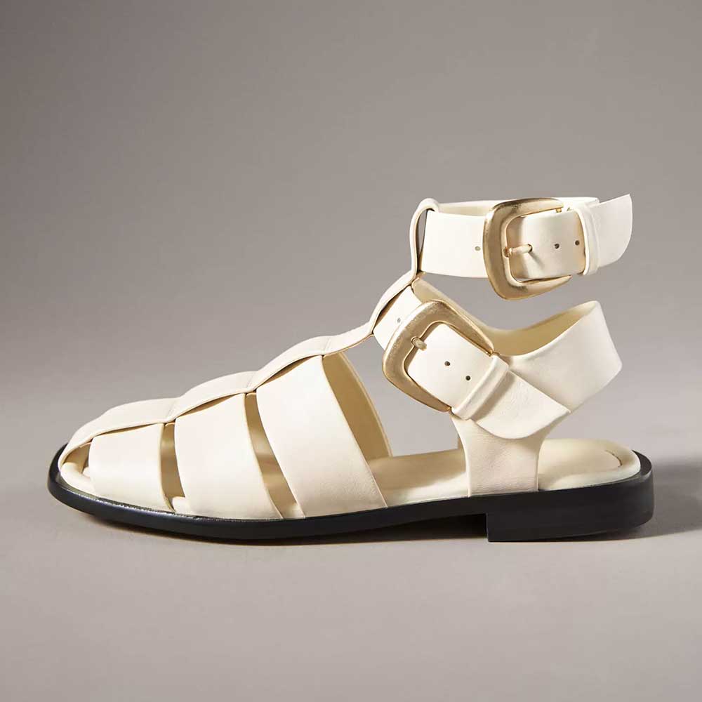 White Vegan Leather Square Toe Flat Buckle Strappy Gladiator Sandals Nicepairs