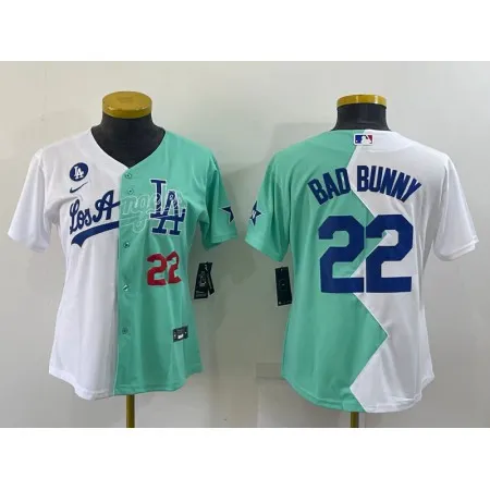 Women's Los Angeles Dodgers #22 Bad Bunny 2022 All-Star White/Green Split Stitched Baseball Jersey(Run Small) Y9F4