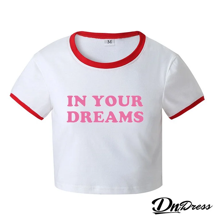 Women Fashion Letter Slogan Print Round Neck Short Sleeve Crop T-Shirt