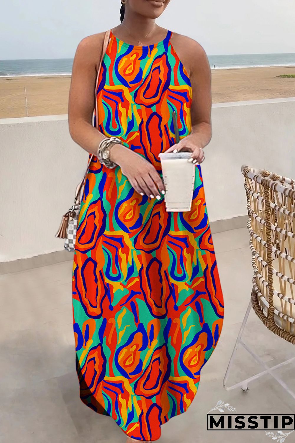 Multi-color Casual Print Basic O Neck Long Dress Dresses