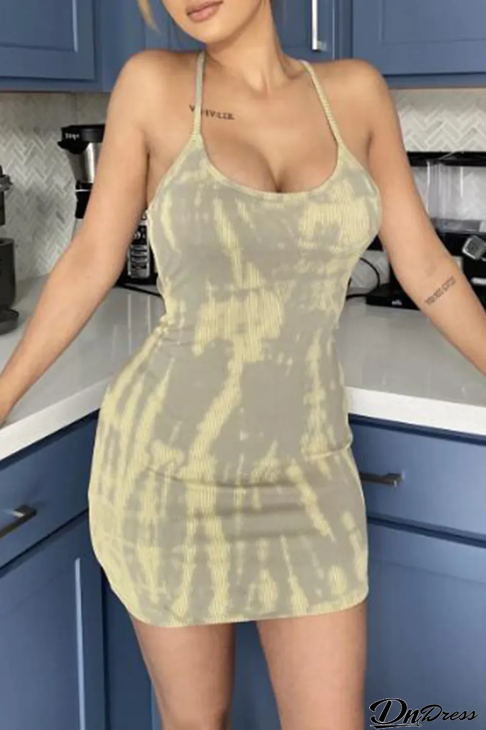 Grey Sexy Print Split Joint Spaghetti Strap Pencil Skirt Dresses