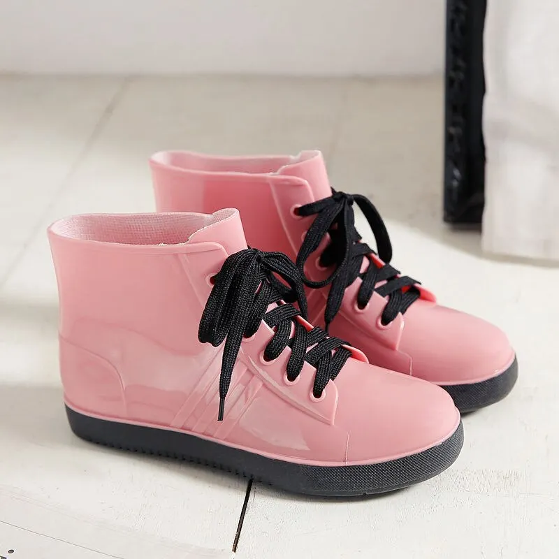 Leopard Women's Rainshoes Waterproof Non-Slip Flat Rubber Shoes Women Rain Boots Short Tube Lace Up Velvet Warmer Winter Boots