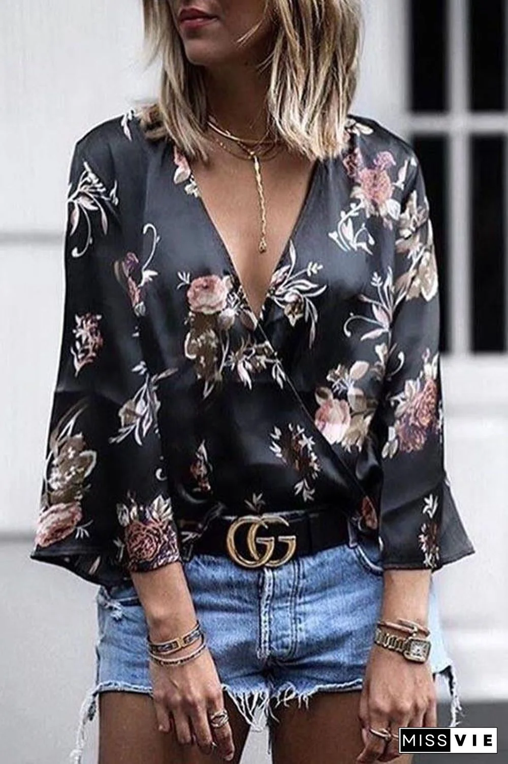Deep V-Neck Flare Sleeve Print Top