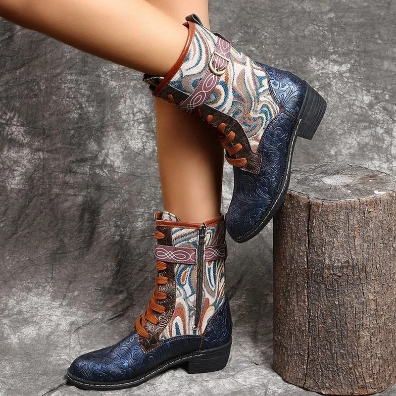 2021 autumn women's boots retro painted embroidery ethnic low-heel Martin boots plus size women's shoes 36-43 luxury gothic