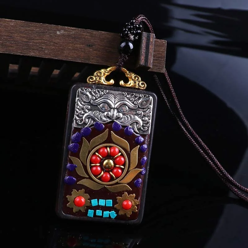 Ebony Wood Elephant Lotus Balance String Necklace Pendant