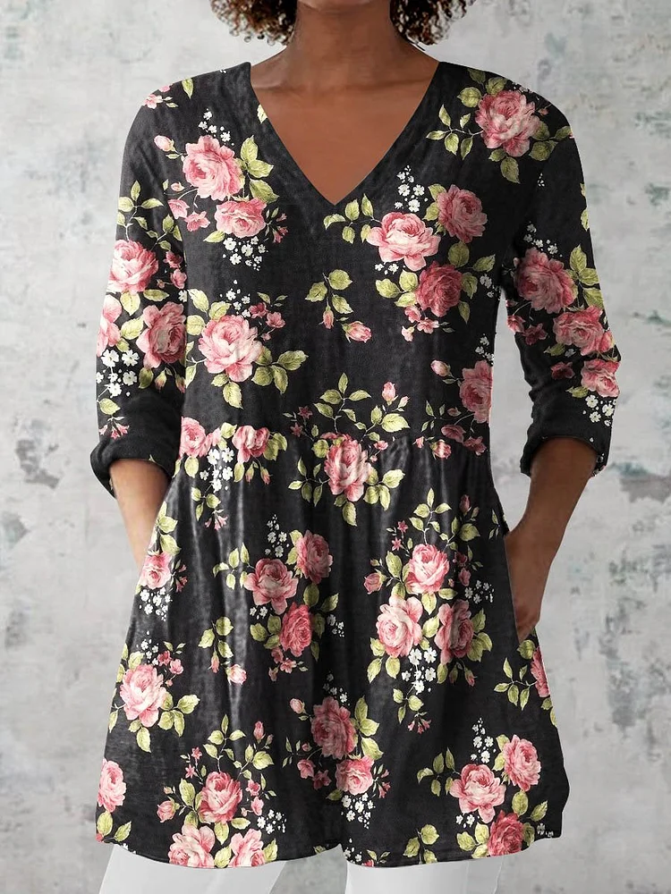 Women's Retro Floral Art Print Casual Cotton And Linen V-neck Top