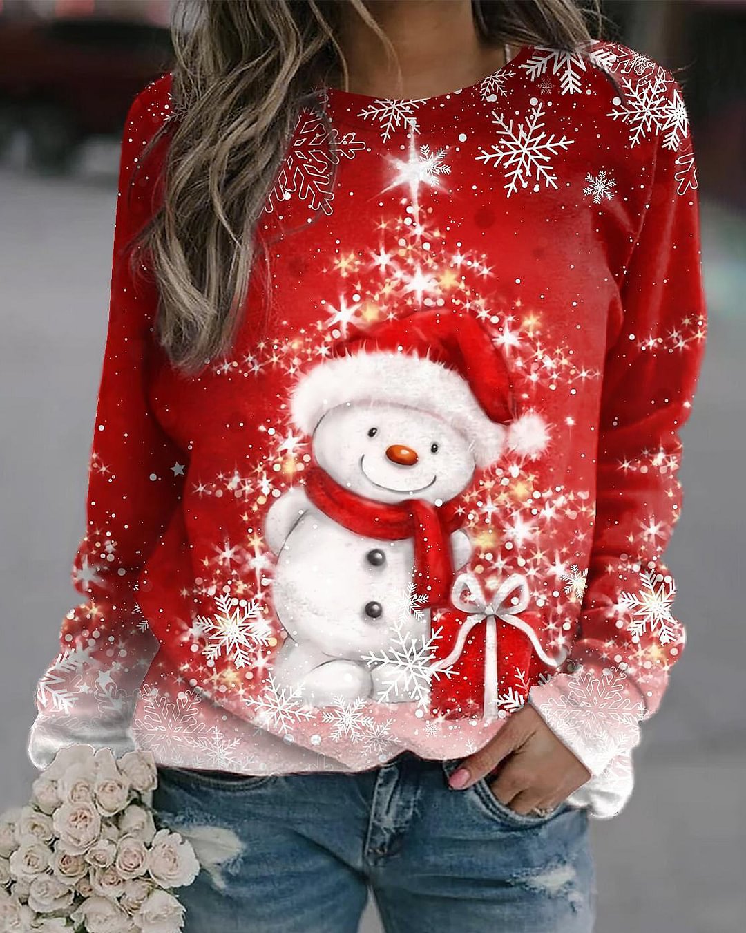 Yayoins Women Christmas Snowman Print Long Sleeve Sweatshirt