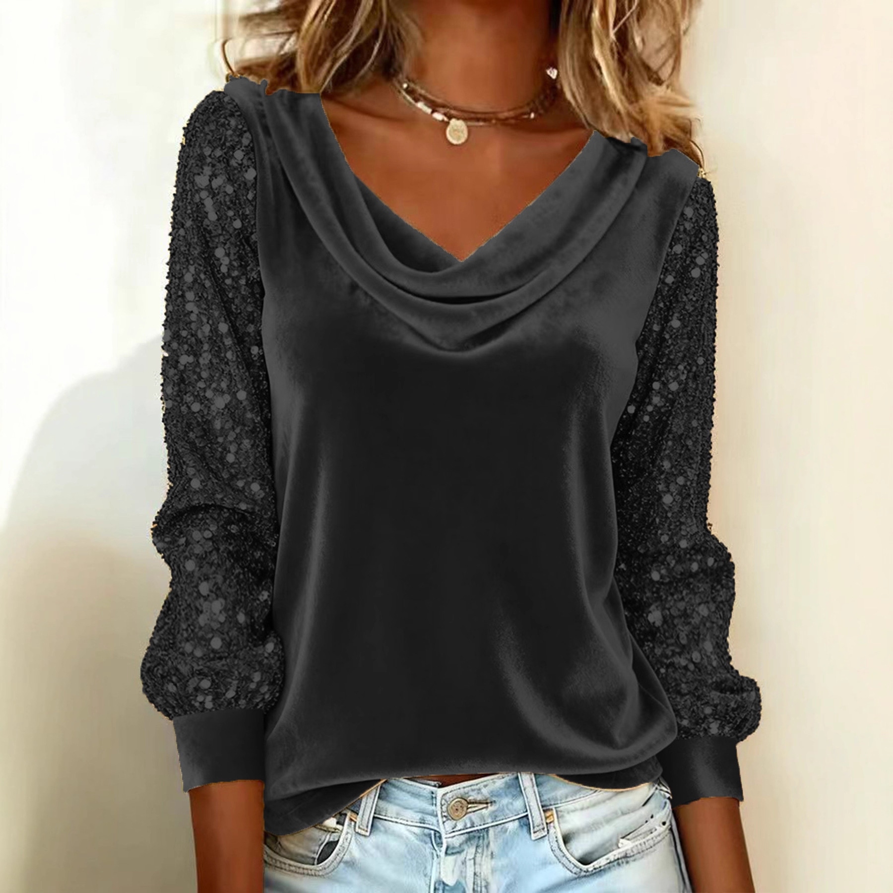 Women's Velvet Stacked Collar Sequined Patchwork Long Sleeved T-shirt elevenforest
