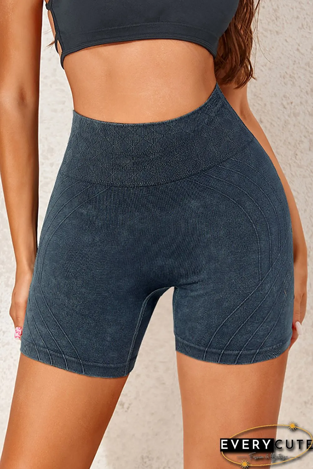 Black Vintage Wash Patterned High Waist Athleisure Shorts