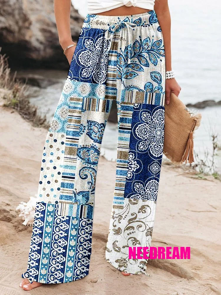 Womens Retro Geometric Floral Pattern Cotton And Linen Wide Leg Casual Pants