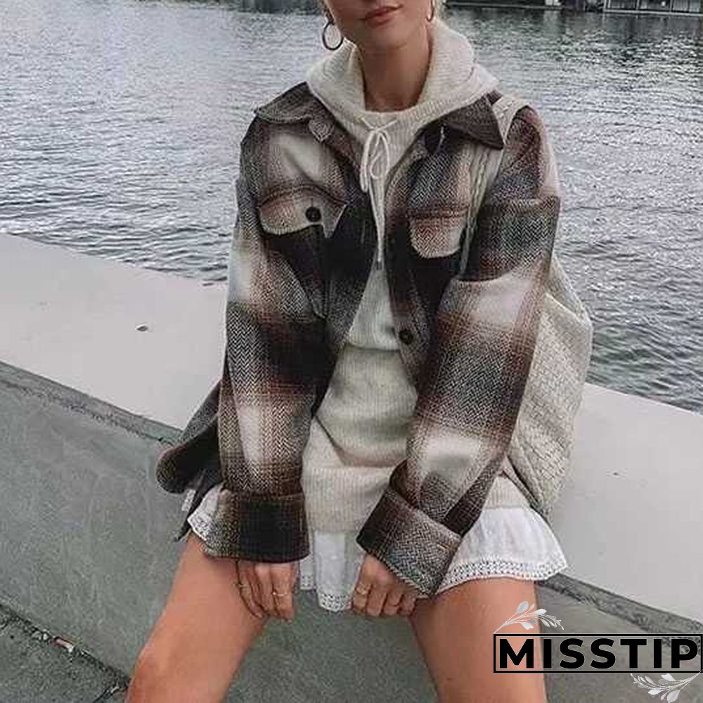 Classic Thick Colorblock Checked Button Down Shirt Jacket Woolen