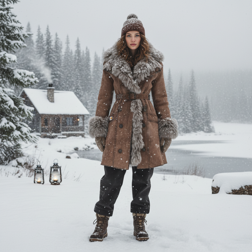 Women's Vintage Suede Coat With Fur Collar