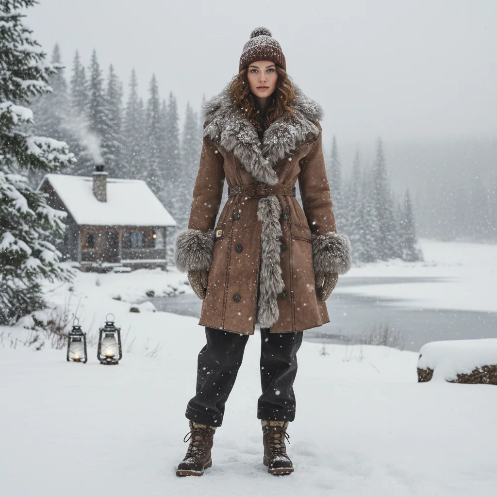 Women's Vintage Suede Coat With Fur Collar