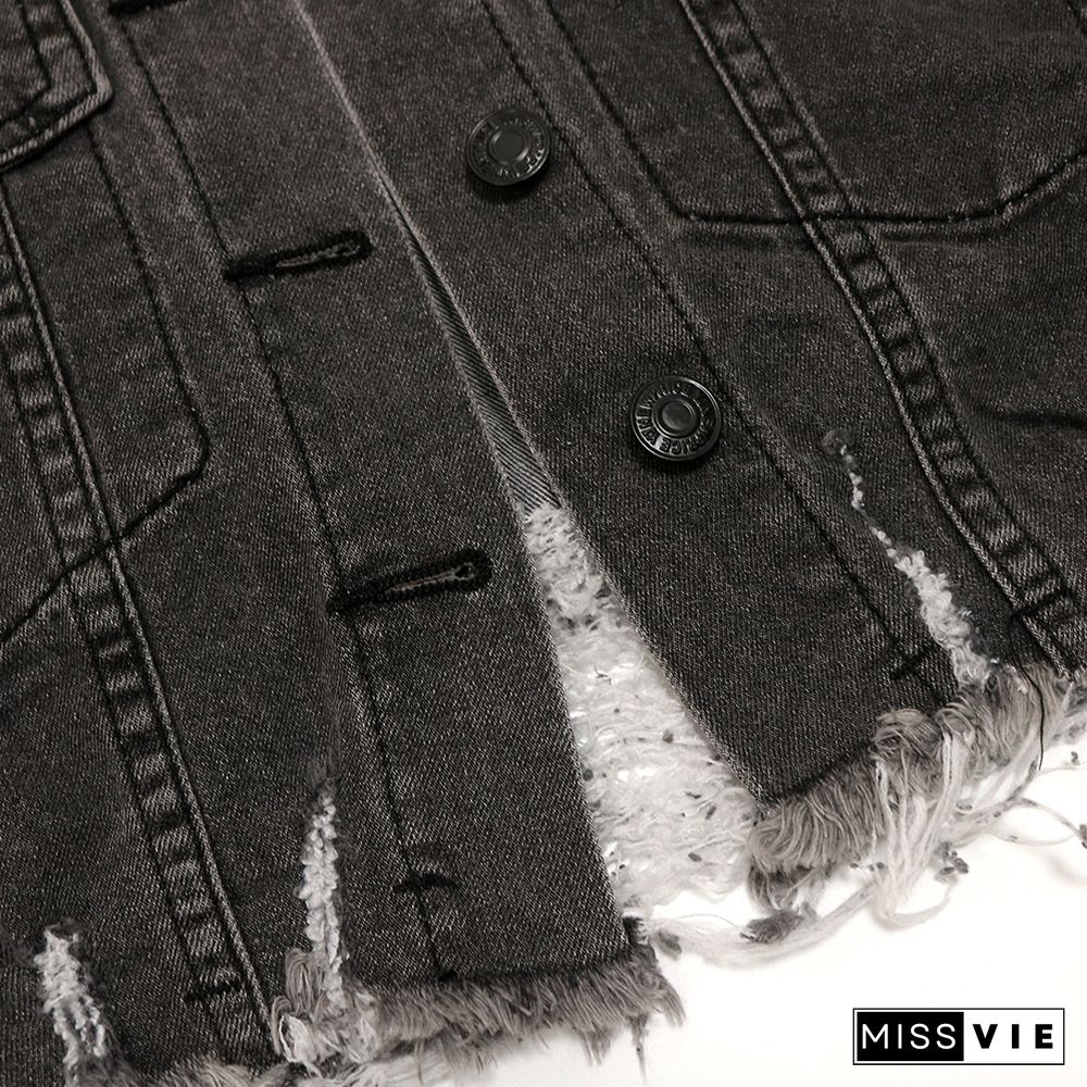 Vintage Outerwear Button Down Cropped Denim Jacket