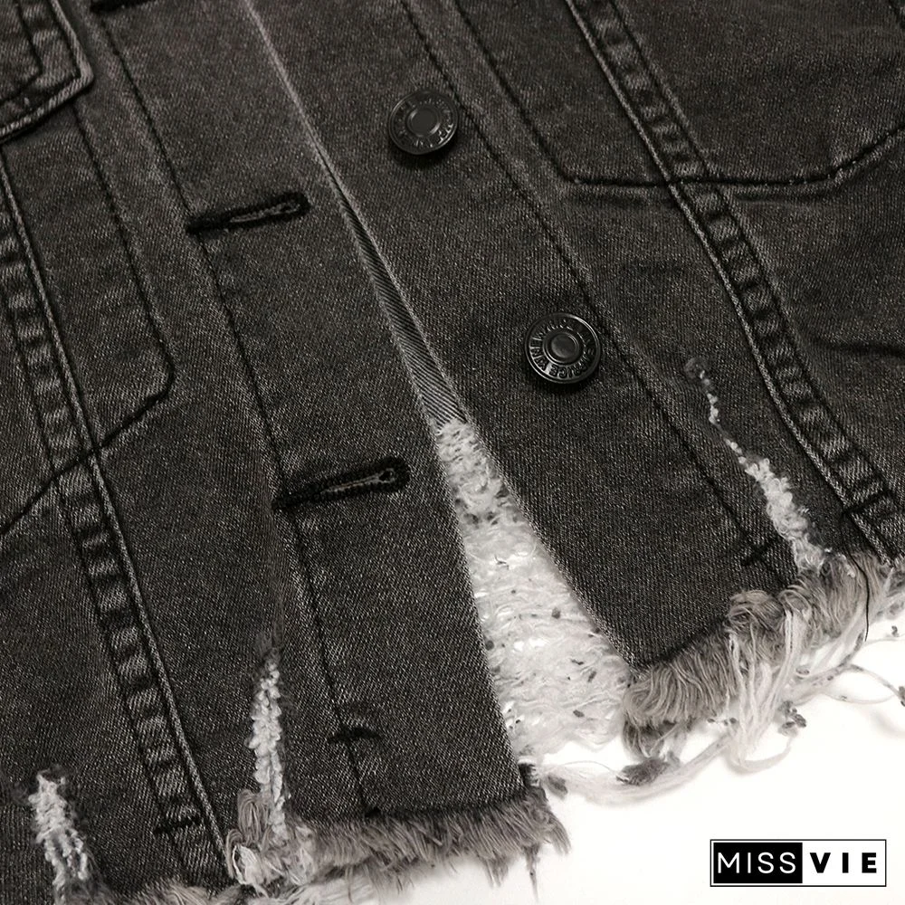 Vintage Outerwear Button Down Cropped Denim Jacket