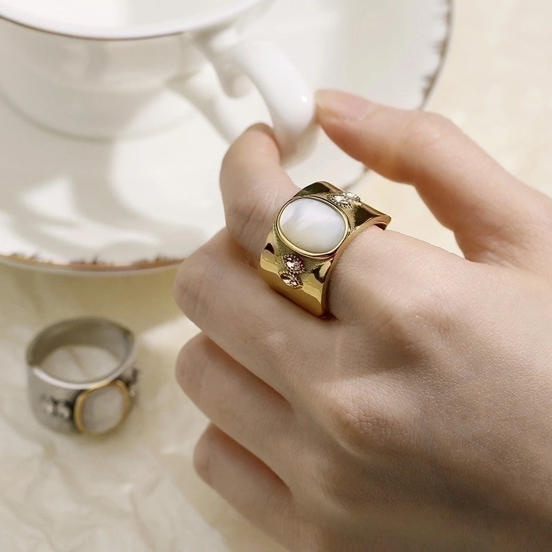 Retro Geometric Titanium Steel Rhinestones Opal 18K Gold Plated Plating Inlay Rings