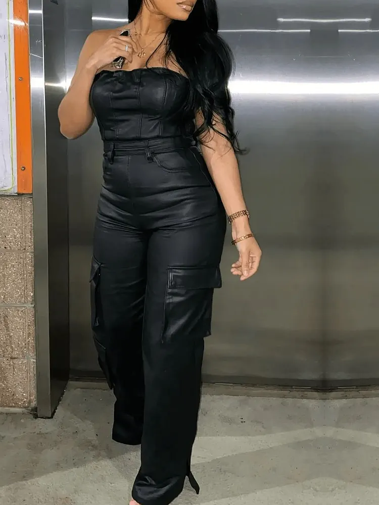 Women&rsquo;s Sexy Faux Leather Off The Shoulder Side Pocket Jumpsuit &ndash; Daily Fashion High Street Straight Pocket Female Jumpsuit