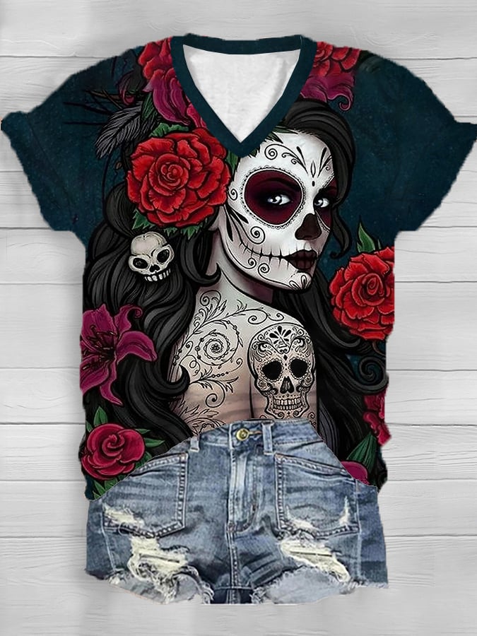 Women´s Diamond Skull Makeup V-Neck Tee