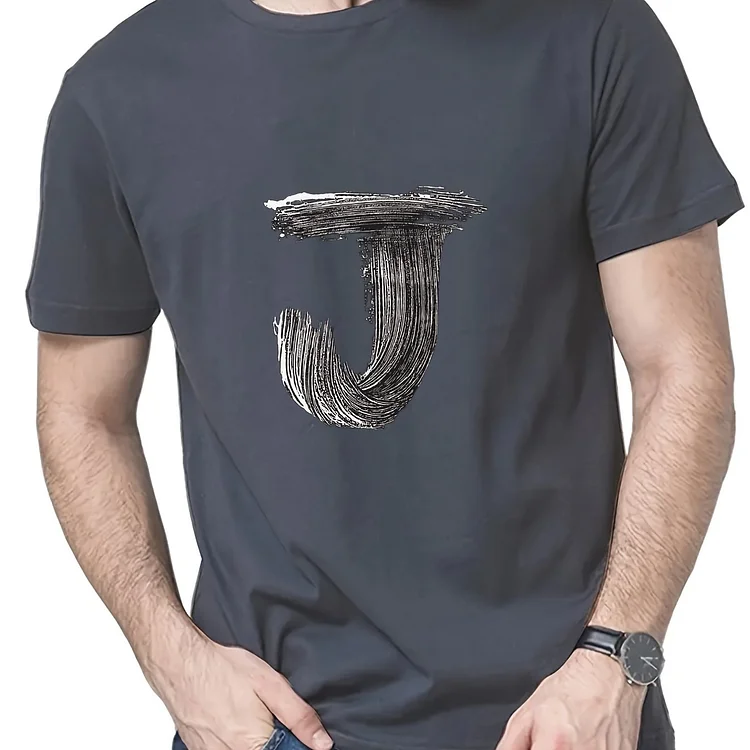 CAMEL COUPONS Mens Casual Letter J Slightly Stretch Crew Neck Short Sleeve T-shirt, Male Clothes For Summer