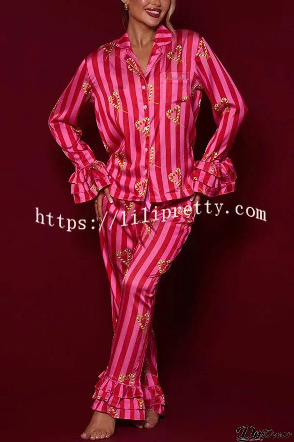 Festive Season Long Candy Stripe Tiered Bell Cuffs Elastic Waist Pocketed Pajama Set