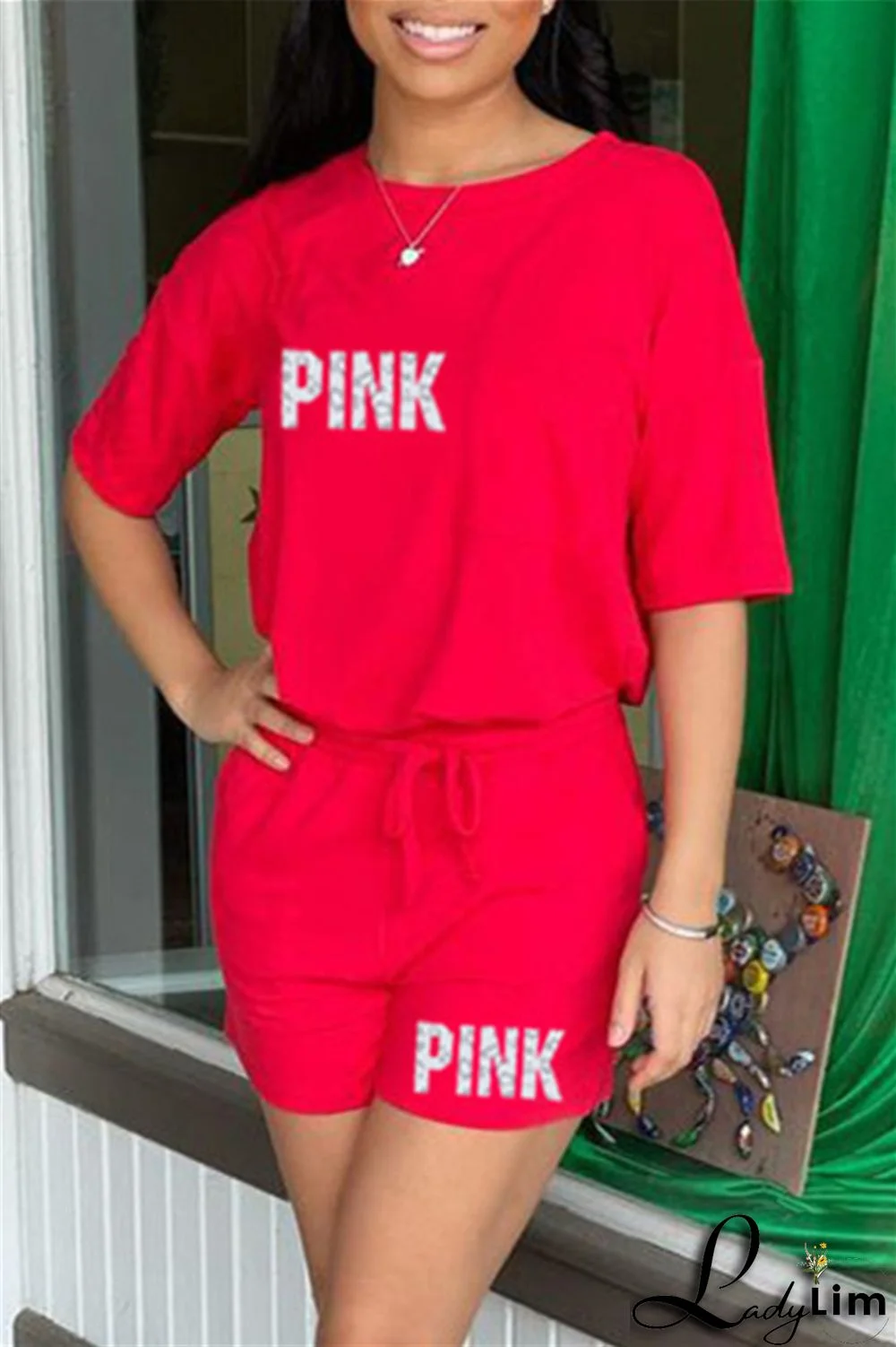 Black Fashion Casual Letter Print Patchwork O Neck Short Sleeve Two Pieces