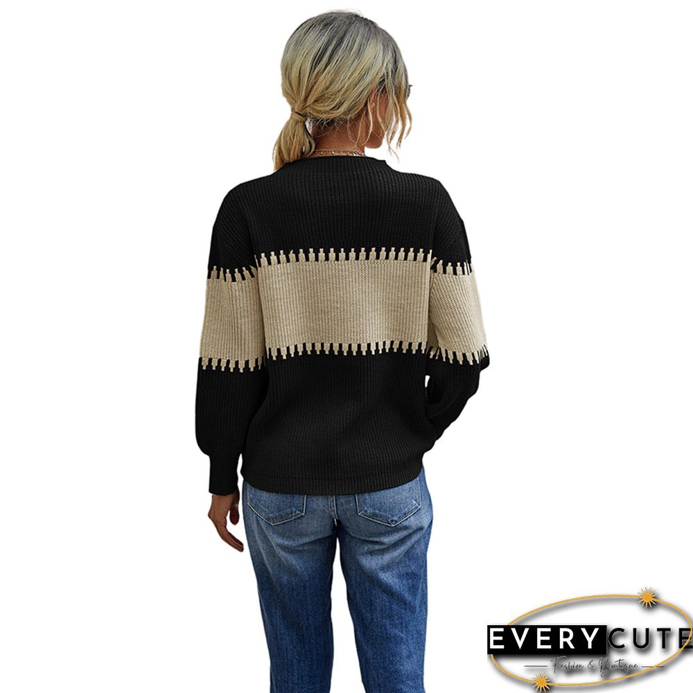 Black Color Block High Neck Woolen Sweater