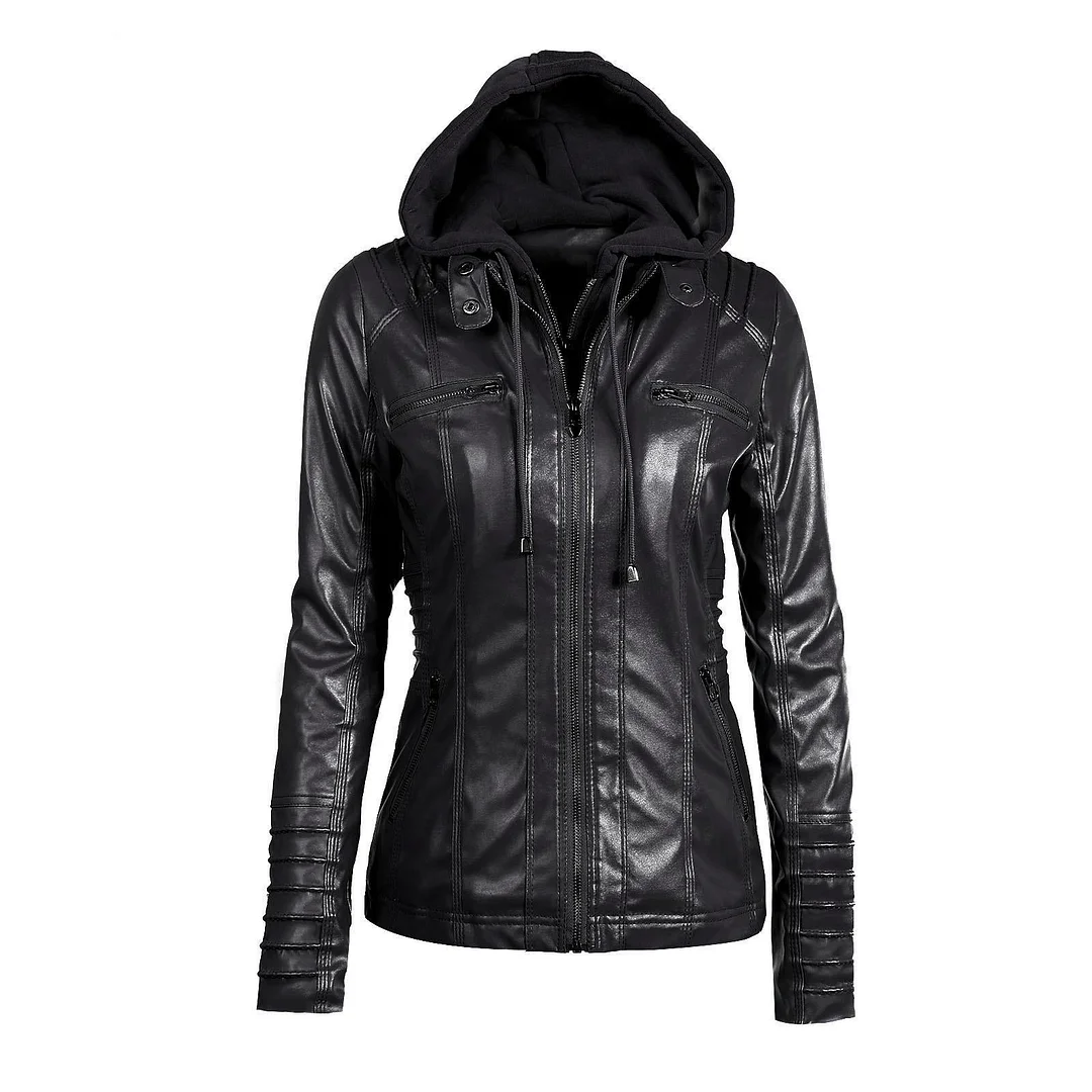 FTLZZ New Women Faux Leather Jacket Pu Motorcycle Hooded Hat Detachable Casual Leather Plus Size 5xl Punk Outerwear