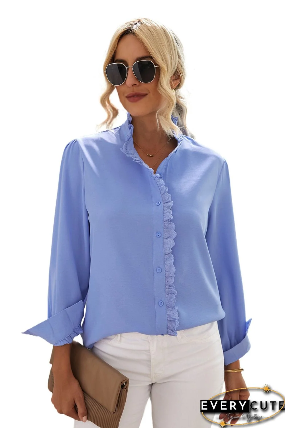 Sky Blue Solid Color Lace Frilled Trims Long Sleeve Shirt