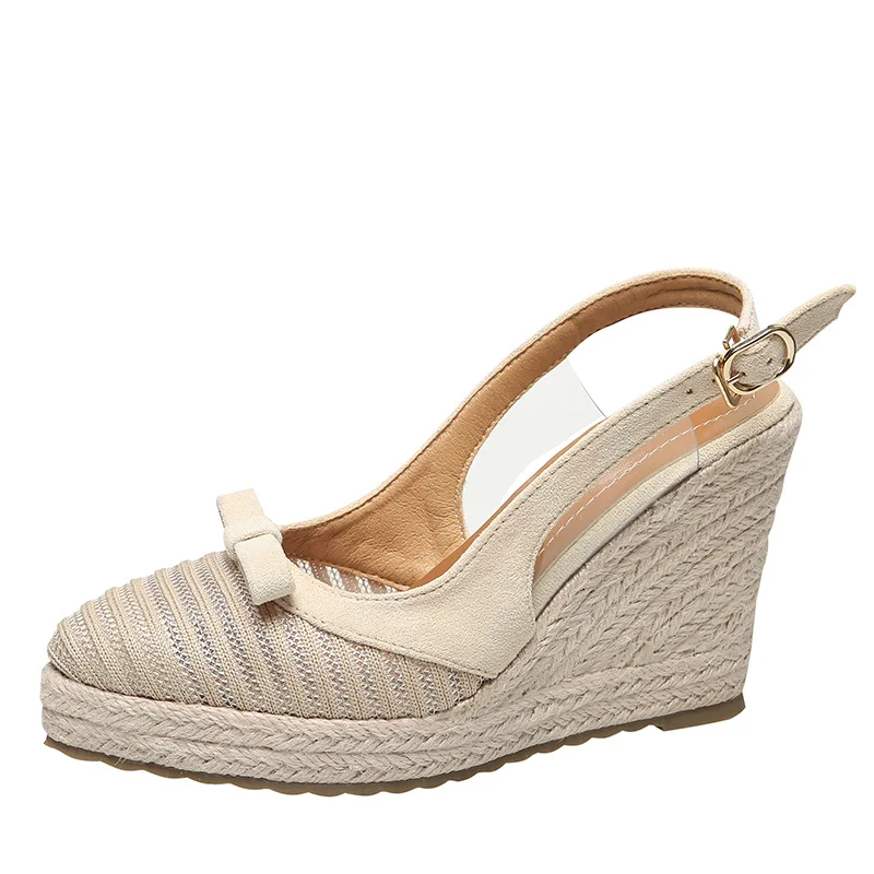 Wongn Wongn Sandals Women 2023 New Fashion Grass Braided Platform Tou Single Shoes Bow Button High Heels