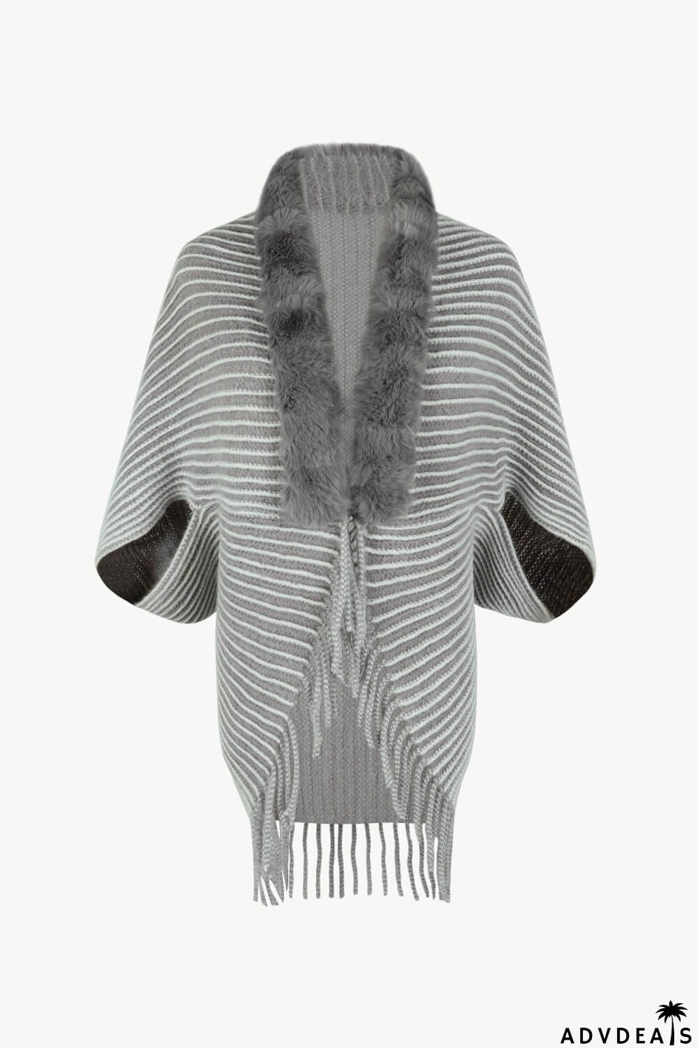 Striped Open Front Fringe Poncho