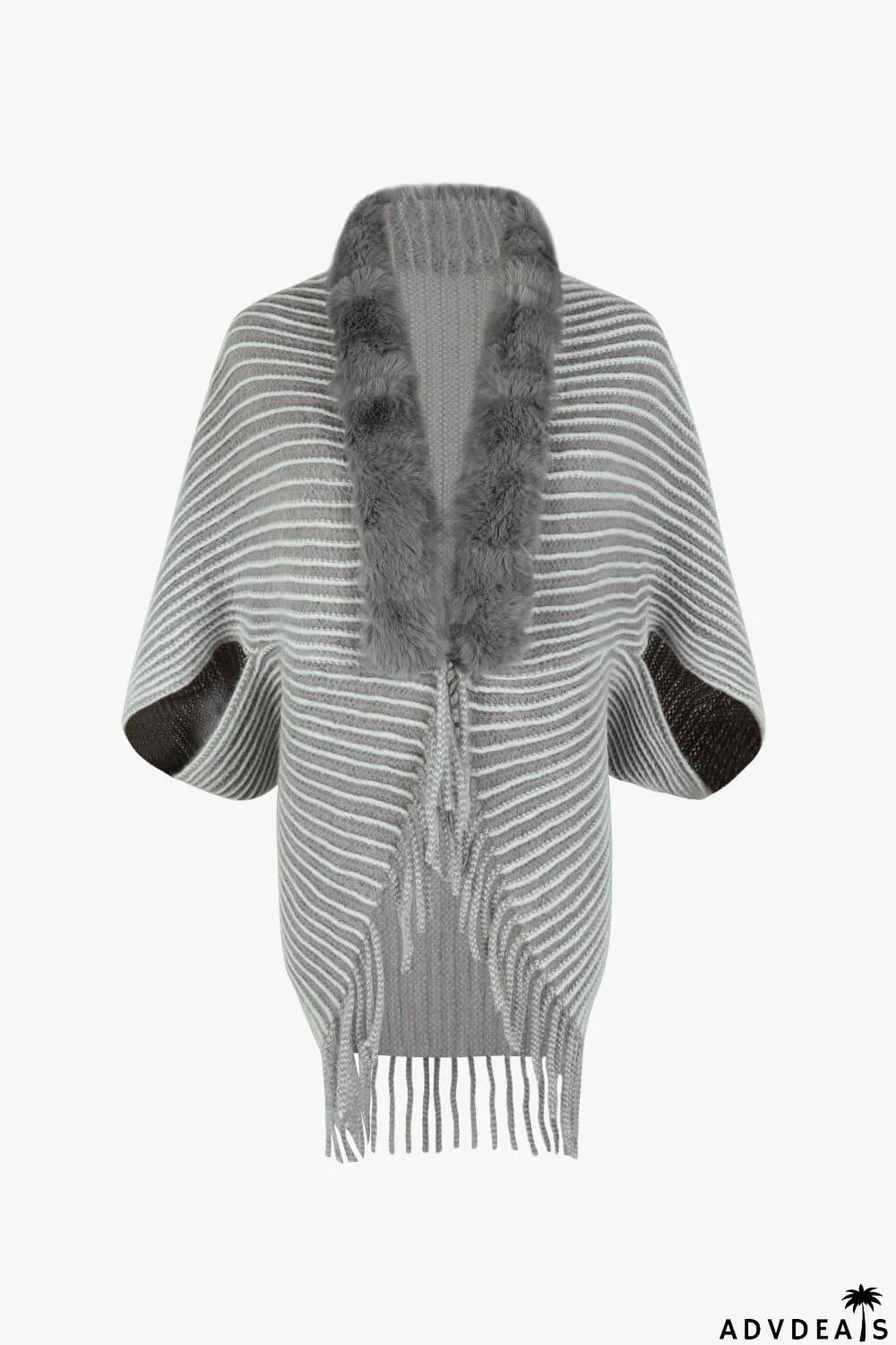 Striped Open Front Fringe Poncho